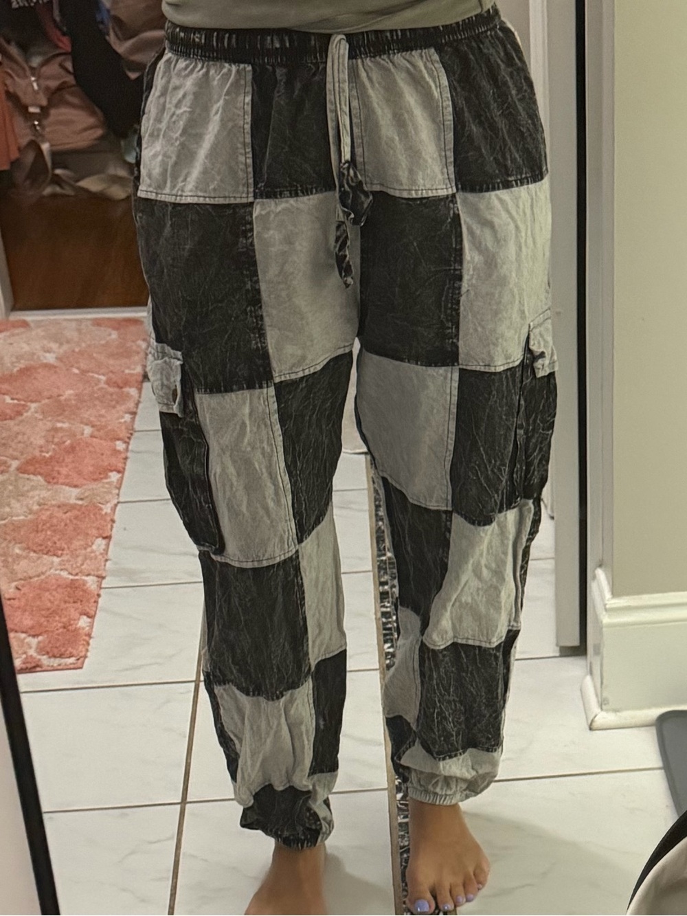 Rising International Patchwork Cargo Jogger Pants Black White Acid Wash M - Picture 7 of 9
